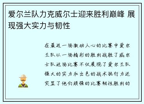 爱尔兰队力克威尔士迎来胜利巅峰 展现强大实力与韧性